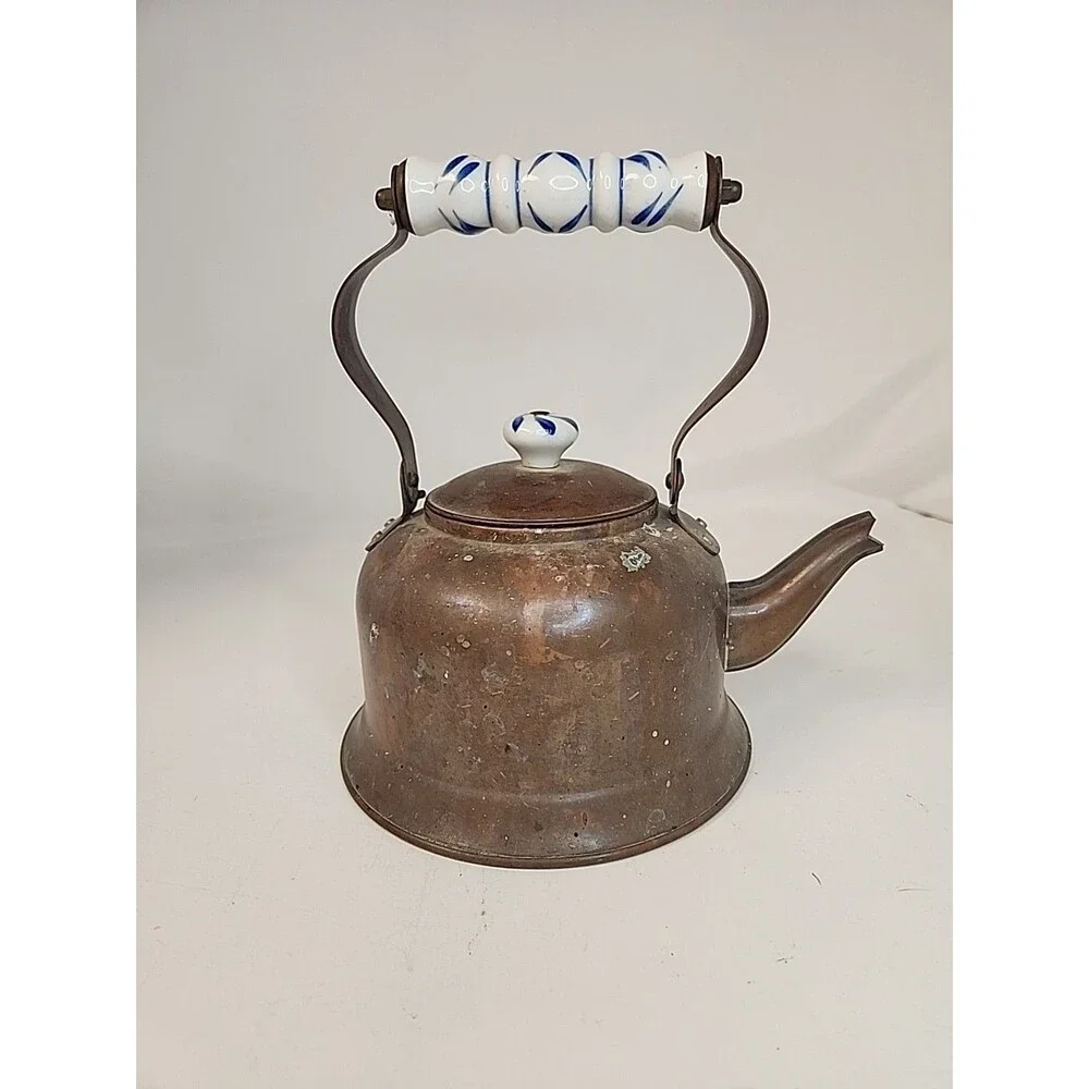 Copper Tea Kettle with Delft Blue Ceramic Handle & Knob Kitchen Farmhouse Pot